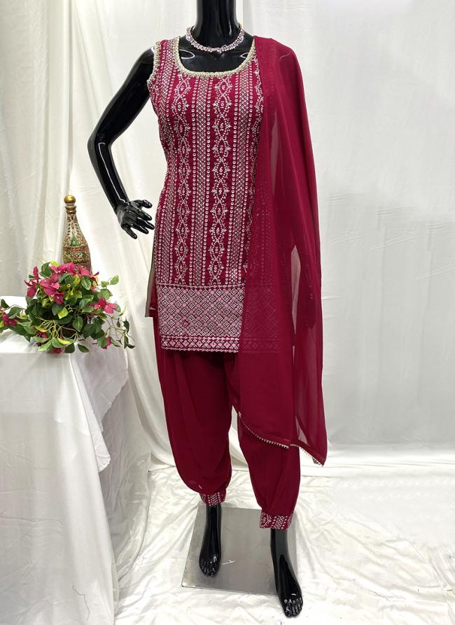 Georgette Rani Pink Traditional Wear Hand Work Readymade Dhoti Suit